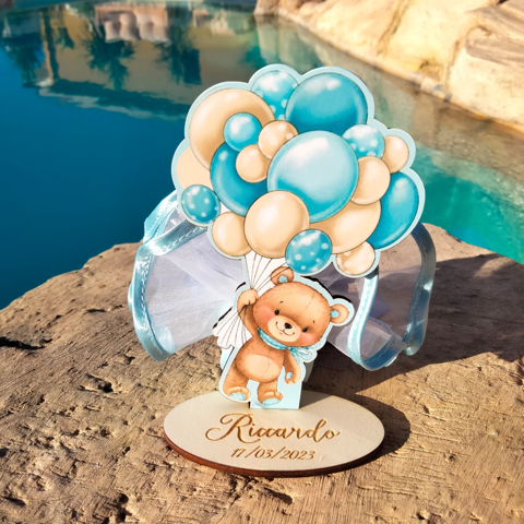 Decorazione Nascita Tema Orso 14 cm con Base
